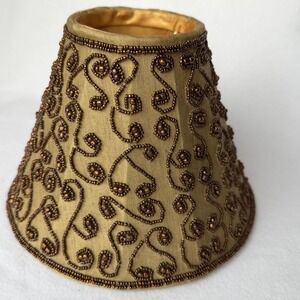 Vintage Silk Uno Lamp Shade Beaded with Bronze Glass Beads Scroll Gold Silk